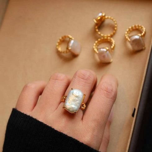 Adjustable Rectangular Freshwater Baroque Pearl Ring in Gold Vermeil - House Of Pearls